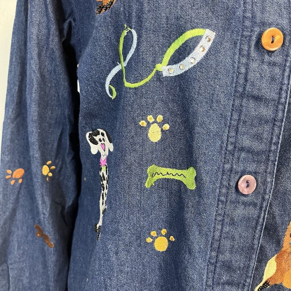 The Quacker Factory Denim Jean Shirt size Small Dogs Dalmatian Embroidery Beads - Picture 6 of 11